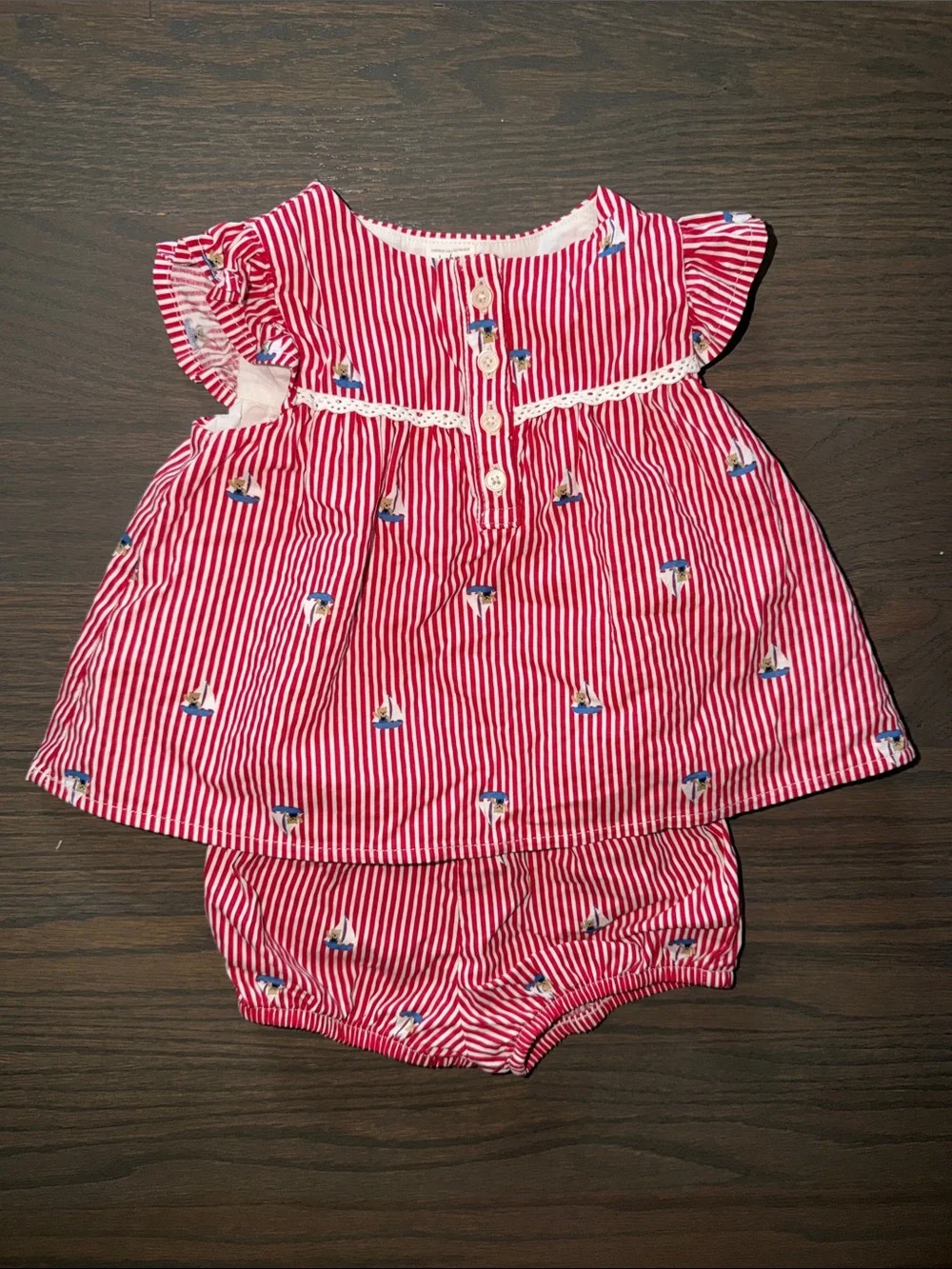 Baby B’Gosh 12M Red White Striped Sailboat Dress Bloomer Set